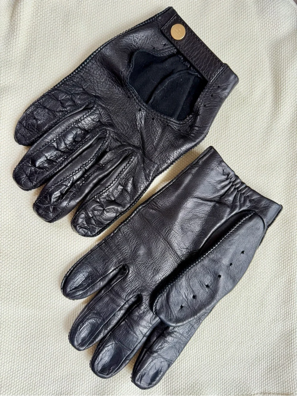 Gucci Black Leather Driving Gloves Size 8.5 Made in Italy‎ Snap